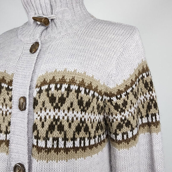 Lady Hathaway Grey Wool Fair Isle Knit Button Up Cardigan Size M - Picture 3 of 10